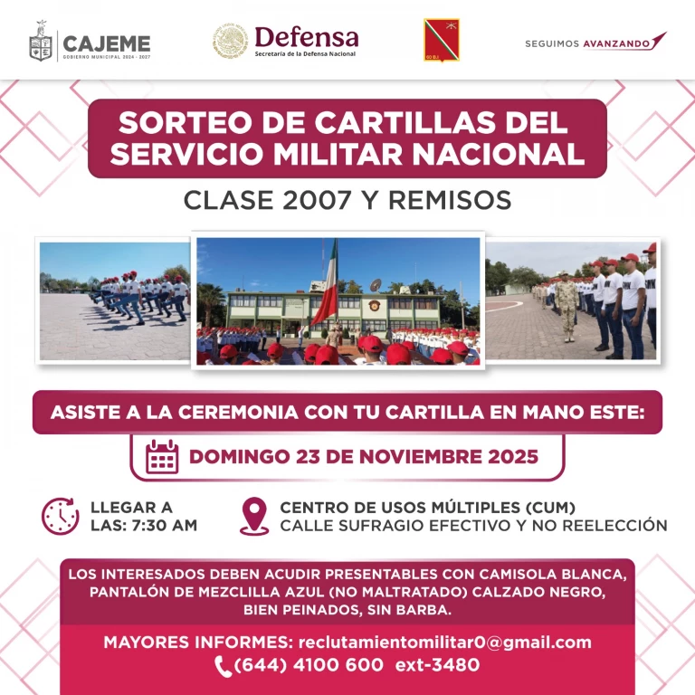 Sorteo de cartillas del Servicio Militar Nacional se realizará en Cajeme el 23 de noviembre