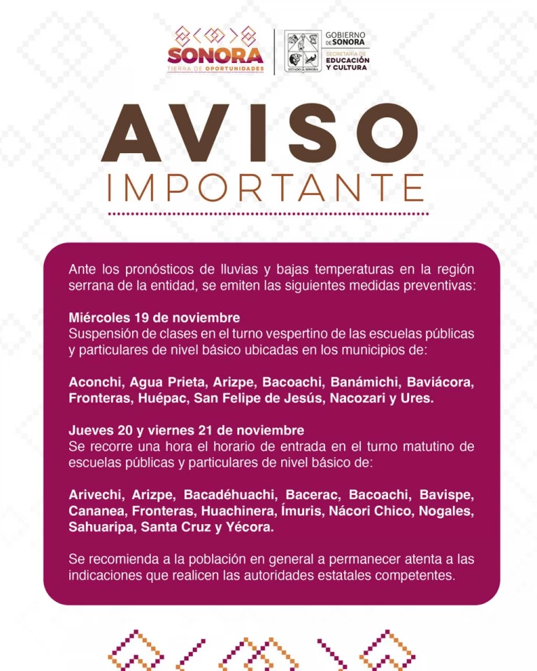 SEC suspende clases vespertinas y ajusta horarios por lluvias y marcado descenso de temperatura