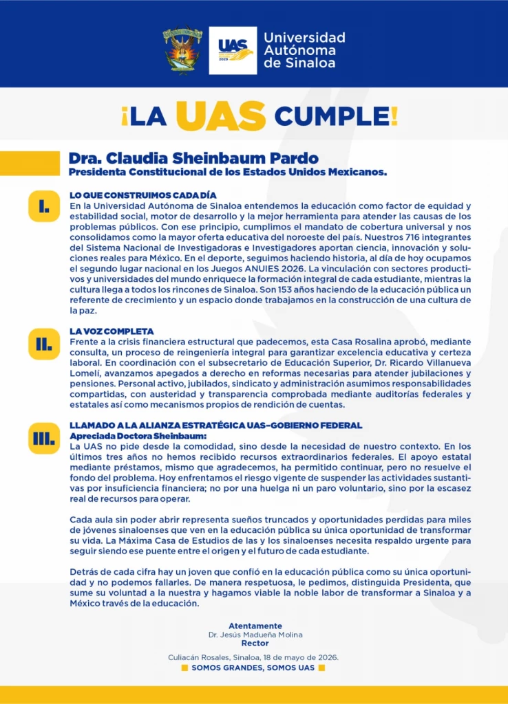 Atenta solicitud de la UAS a la Presidenta de la República, Dra. Claudia Sheinbaum Pardo