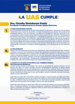 Atenta solicitud de la UAS a la Presidenta de la República, Dra. Claudia Sheinbaum Pardo