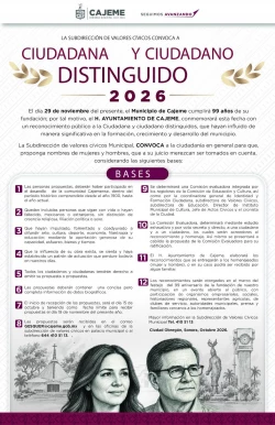 Abren convocatoria para elegir a las y los Ciudadanos Distinguidos de Cajeme 2026